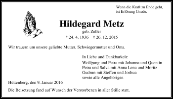 Traueranzeige von Hildegard Metz von  Gießener Anzeiger