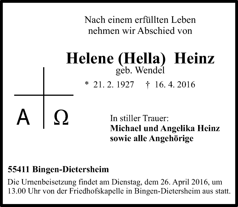  Traueranzeige für Helene Heinz vom 23.04.2016 aus  Allgemeine  Zeitung Ingelheim-Bingen