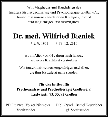Traueranzeige von Wilfried Bieniek von  Gießener Anzeiger