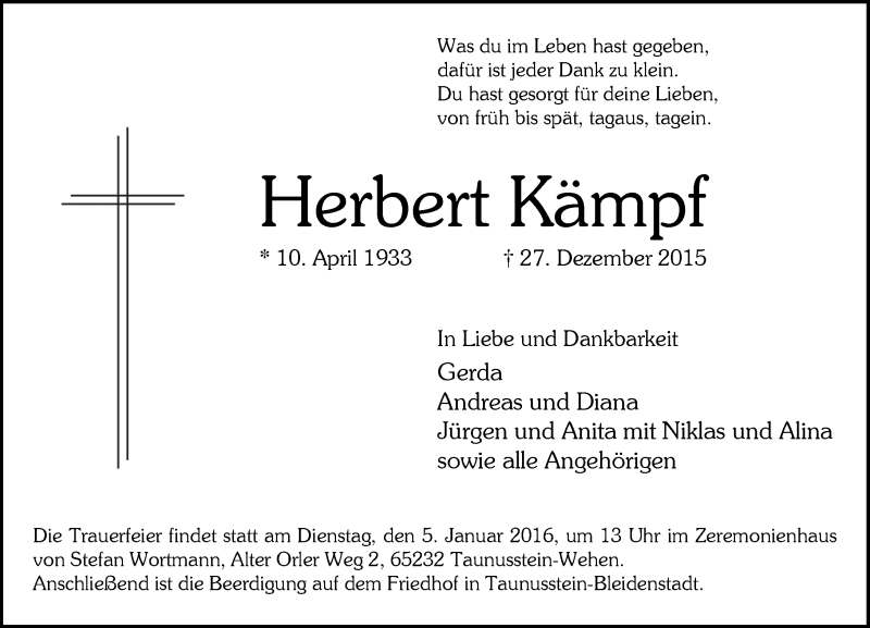  Traueranzeige für Herbert Kämpf vom 02.01.2016 aus  Wiesbaden komplett