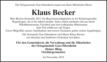 Traueranzeige von Klaus Becker von  Allgemeine Zeitung Alzey
