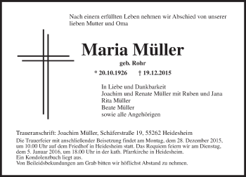 Traueranzeige von Maria Müller von  Allgemeine  Zeitung Ingelheim-Bingen
