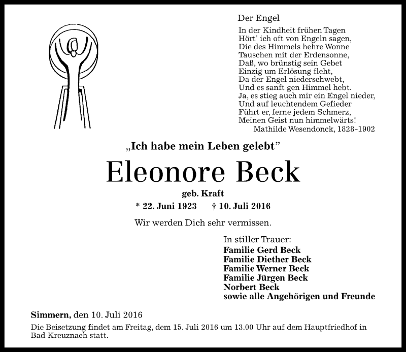  Traueranzeige für Eleonore Beck vom 13.07.2016 aus Trauerportal Rhein Main Presse