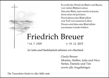 Traueranzeige von Friedrich Breuer von  Allgemeine Zeitung Mainz