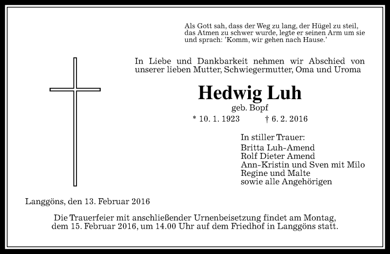 Traueranzeige für Hedwig Luh vom 13.02.2016 aus  Gießener Anzeiger