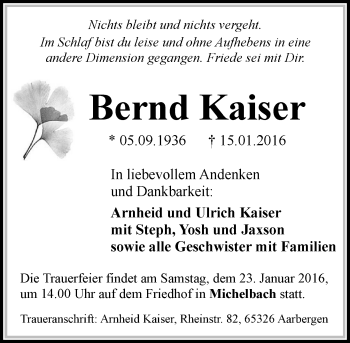 Traueranzeige von Bernd Kaiser von  WK-UTA/Aar-Bote