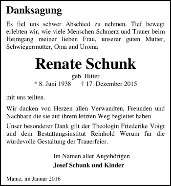 Traueranzeige von Renate Schunk von  Allgemeine Zeitung Mainz