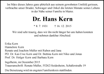 Traueranzeige von Hans Kern von  Allgemeine  Zeitung Ingelheim-Bingen