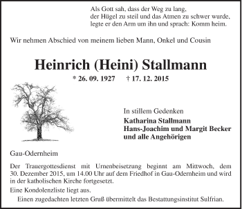 Traueranzeige von Heinrich  Stallmann von  Allgemeine Zeitung Alzey