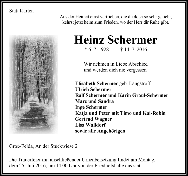  Traueranzeige für Heinz Schermer vom 21.07.2016 aus VRM Trauer