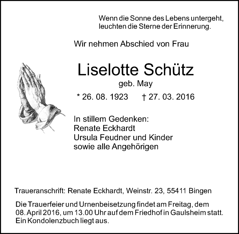  Traueranzeige für Liselotte Schütz vom 02.04.2016 aus  Allgemeine  Zeitung Ingelheim-Bingen