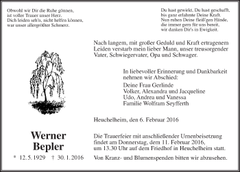 Traueranzeige von Werner Bepler von  Gießener Anzeiger