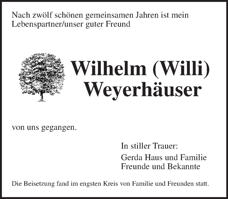  Traueranzeige für Wilhelm Weyerhäuser vom 24.11.2015 aus  Allgemeine  Zeitung Ingelheim-Bingen