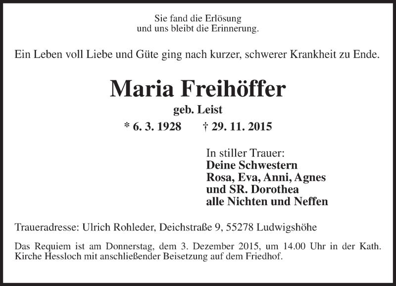  Traueranzeige für Maria Freihöffer vom 01.12.2015 aus  Wormser Zeitung