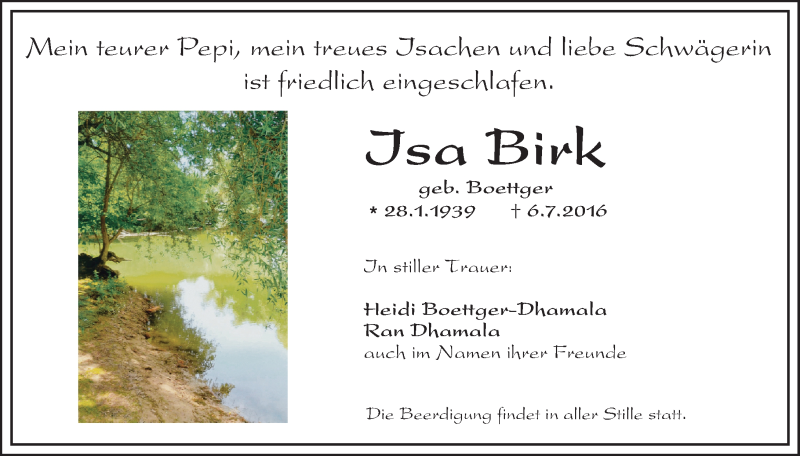  Traueranzeige für Isa Birk vom 11.07.2016 aus Trauerportal Rhein Main Presse