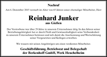 Traueranzeige von Reinhard Junker von  Gießener Anzeiger
