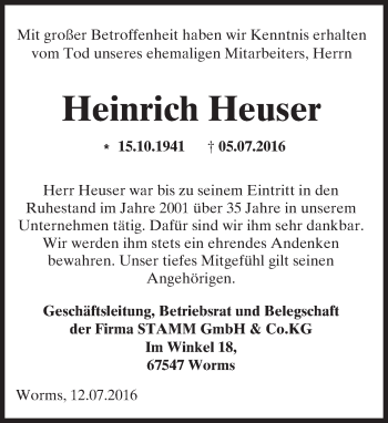 Traueranzeige von Heinrich Heuser von Trauerportal Rhein Main Presse