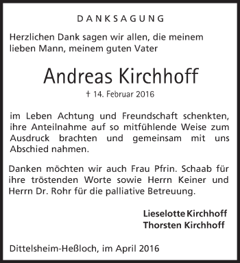Traueranzeige von Andreas Kirchhoff von  Wormser Zeitung