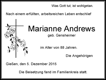 Traueranzeige von Marianne Andrews von  Gießener Anzeiger