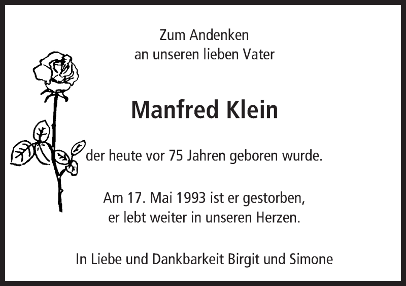  Traueranzeige für Manfred Klein vom 01.12.2015 aus  Allgemeine Zeitung Mainz
