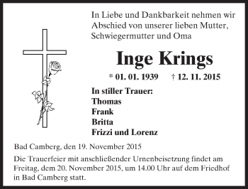 Traueranzeige von Inge Krings von  Camberger Anzeiger