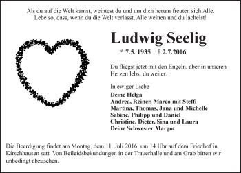 Traueranzeige von Ludwig Seelig von Trauerportal Echo Online