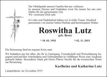 Traueranzeige von Roswitha Lutz von  Bürstädter Zeitung