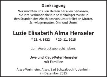 Traueranzeige von Luzie Elisabeth Alma Henseler von  Allgemeine Zeitung Alzey
