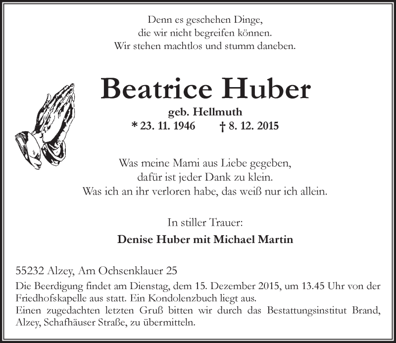  Traueranzeige für Beatrice Huber vom 12.12.2015 aus  Allgemeine Zeitung Alzey