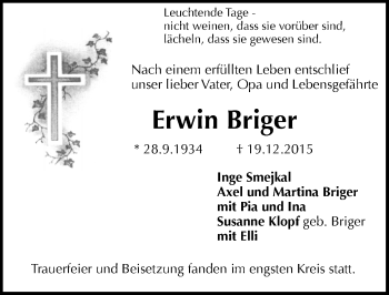 Traueranzeige von Erwin Briger von  Mainspitze