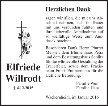 Traueranzeige von Elfriede Willrodt von  Allgemeine Zeitung Mainz