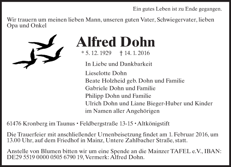  Traueranzeige für Alfred Dohn vom 23.01.2016 aus  Allgemeine Zeitung Mainz