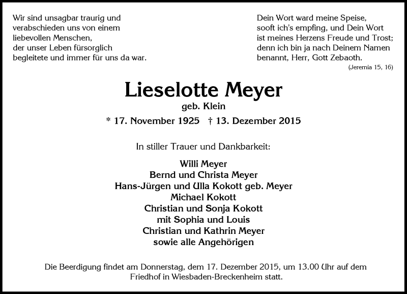  Traueranzeige für Lieselotte Meyer vom 16.12.2015 aus  Wiesbaden komplett
