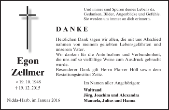 Traueranzeige von Egon Zellmer von  Sonntags Anzeiger
