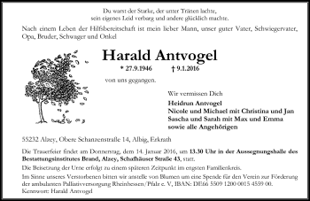 Traueranzeige von Harald Antvogel von  Allgemeine Zeitung Alzey