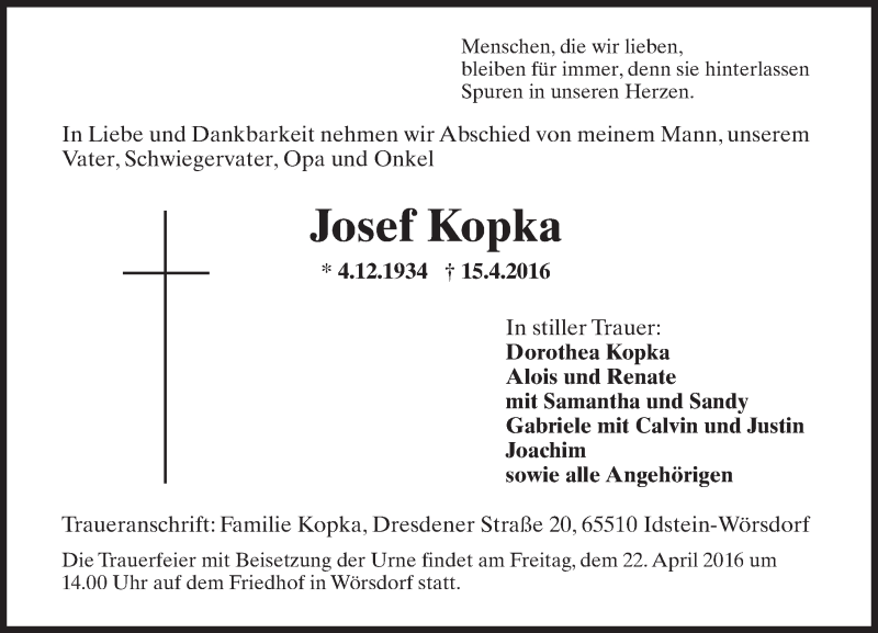  Traueranzeige für Josef Kopka vom 19.04.2016 aus  Idsteiner Zeitung
