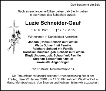 Traueranzeige von Luzie Schneider-Gauf von  Allgemeine Zeitung Mainz