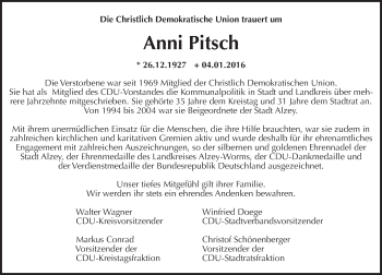 Traueranzeige von Anni Pitsch von trauer.rmp.de