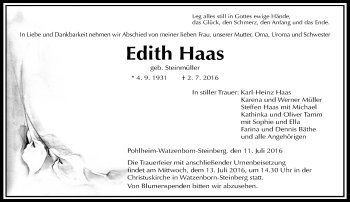 Traueranzeige von Edith Haas von  Gießener Anzeiger