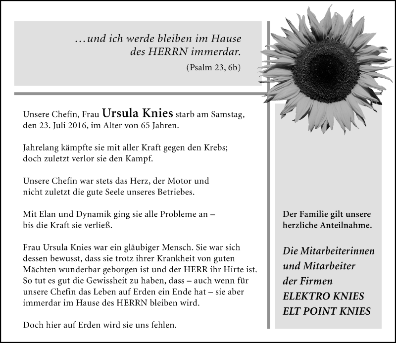  Traueranzeige für Ursula Knies vom 27.07.2016 aus Trauerportal Rhein Main Presse