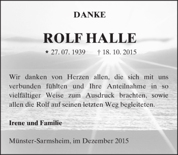 Traueranzeige von Rolf Halle von  Allgemeine  Zeitung Ingelheim-Bingen