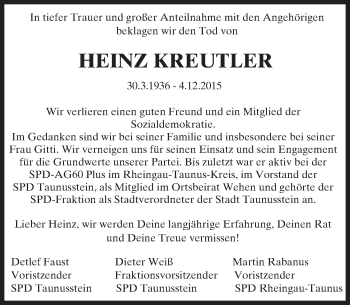Traueranzeige von Heinz Kreutler von  Rheingau
