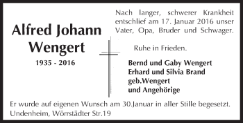 Traueranzeige von Alfred Johann Wengert von  Allgemeine Zeitung Mainz