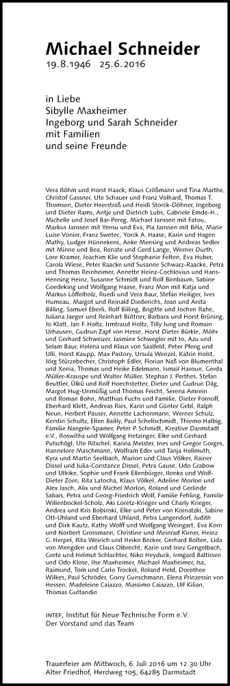 Traueranzeige von Michael Schneider von Trauerportal Echo Online