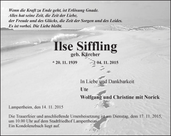 Traueranzeige von Ilse Siffling von  Bürstädter Zeitung