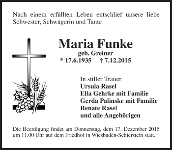 Traueranzeige von Maria Funke von  Wiesbaden komplett