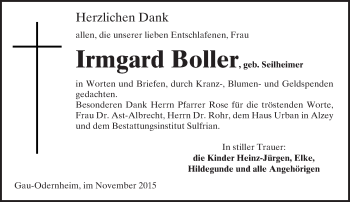 Traueranzeige von Irmgard Boller von  Allgemeine Zeitung Alzey