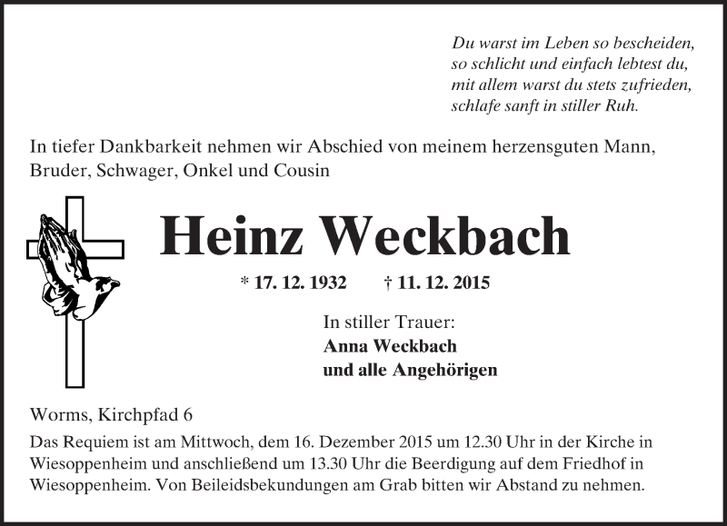  Traueranzeige für Heinz Weckbach vom 15.12.2015 aus  Wormser Zeitung