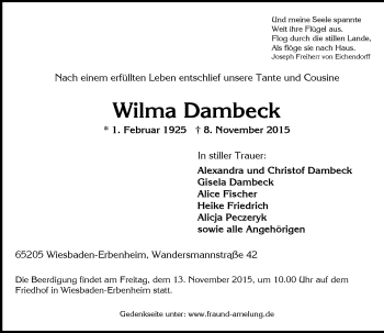 Traueranzeige von Wilma Dambeck von  Wiesbaden komplett