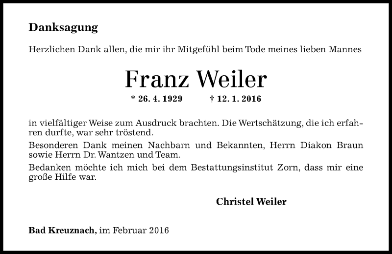  Traueranzeige für Franz Weiler vom 18.02.2016 aus  Allg. Zeitung Bad Kreuznach